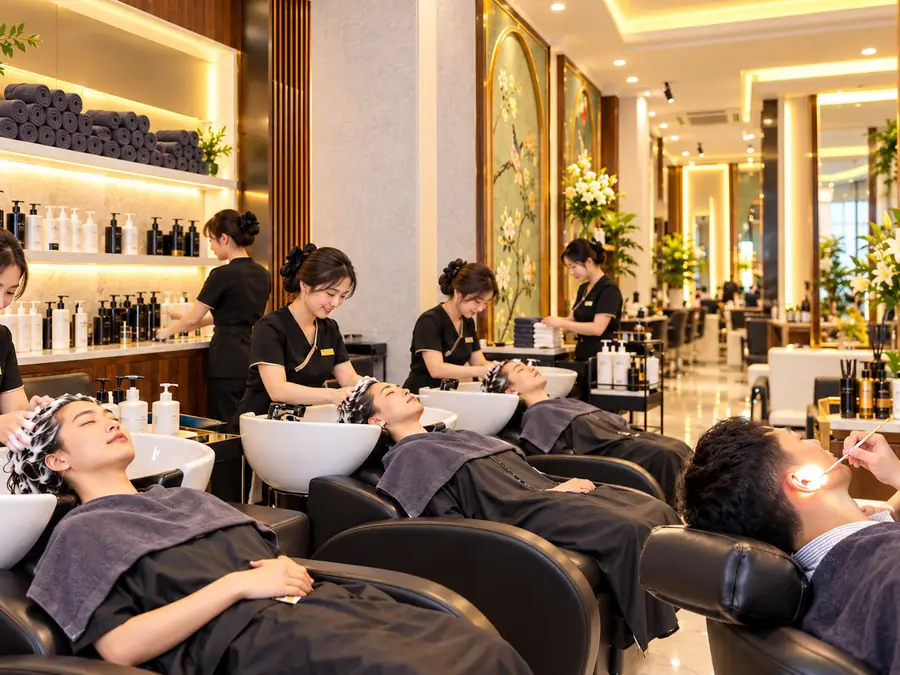 Head massage and shampoo area at Hair Salon New Seoul in Dinh Thon, My Dinh, Hanoi